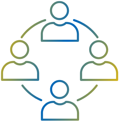 blue and yellow icon of four people outlines connected in a circle 