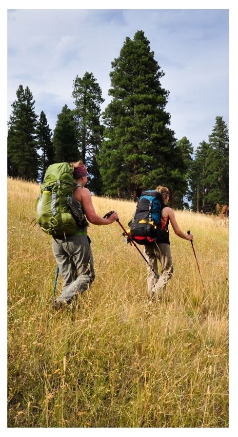Two women wearing backpacks and walking through field, aided by hiking poles