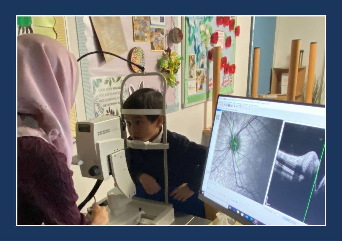 A child having their eyes tested for Sight Research UK funded project in a classroom