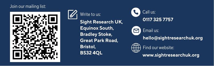 Contact information banner, with information on how to call, email, or write to Sight Research UK