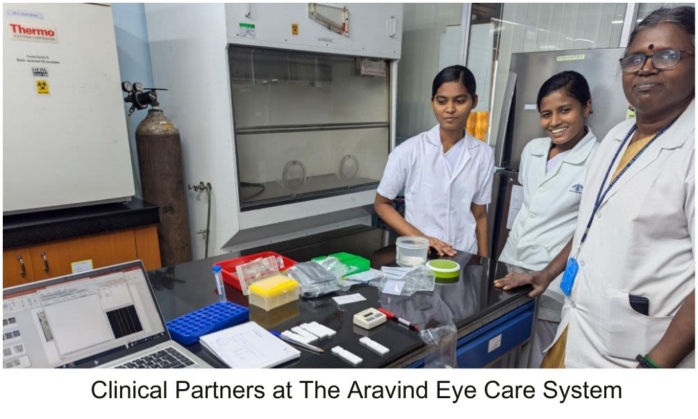 Three workers in India in lab working on fungal keratitis work at the Aravind Eye Care System
