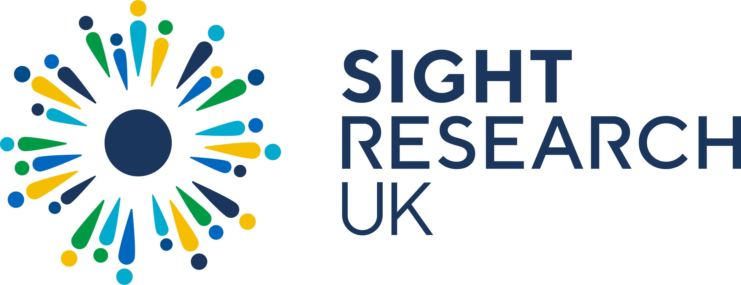 Sight Research UK logo, with text "Sight Research UK" next to dots and dashes that make up shape of a pupil and iris